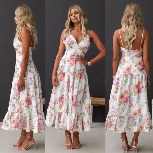 Women's Printed Suspender Slit Dress — V-Neck, White, Multi-Size