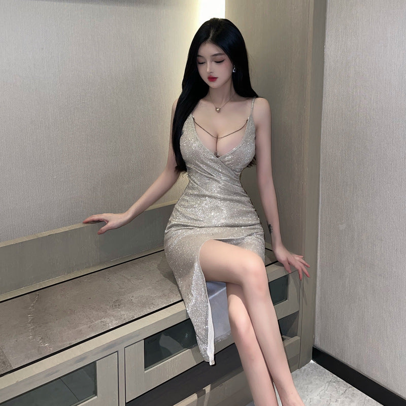 Women's Nightclub Dress — Low V-Neck, High Slit, Spaghetti Straps