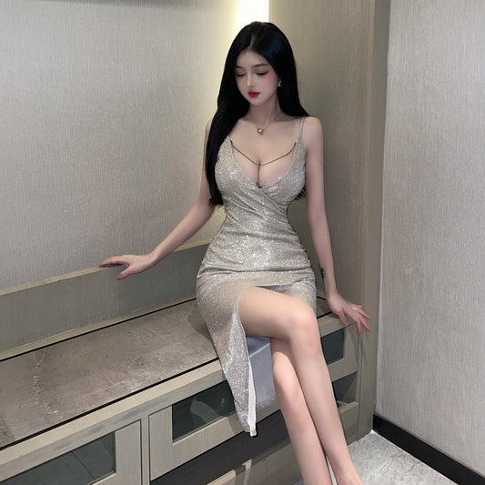 Women's Nightclub Dress — Low V-Neck, High Slit, Spaghetti Straps