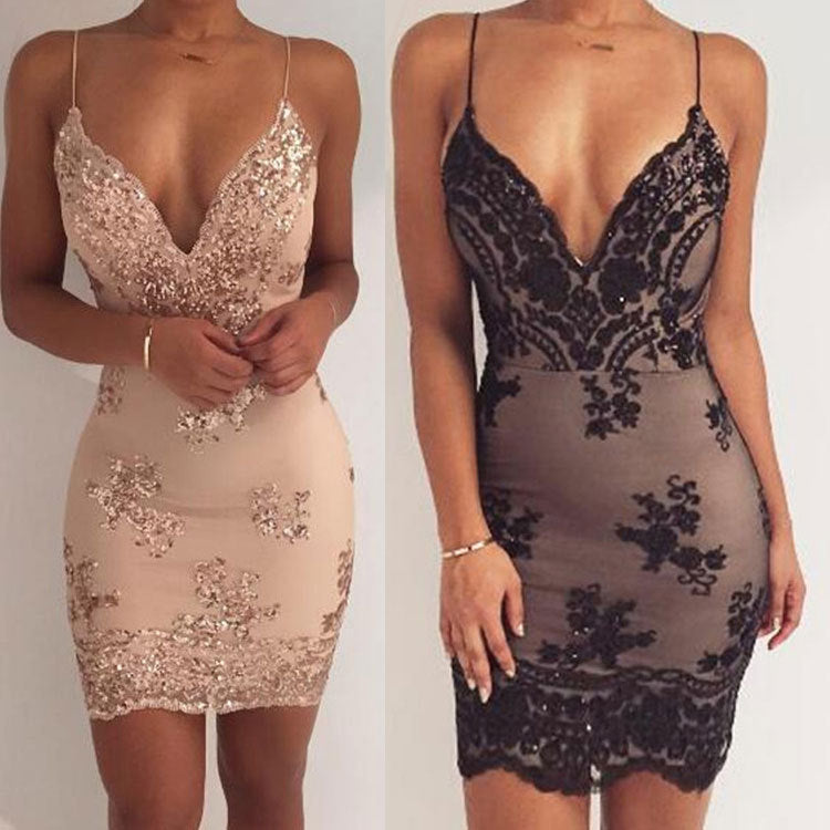 Women's Sequin Club Dress — Deep V-Neck, Backless, A-Line