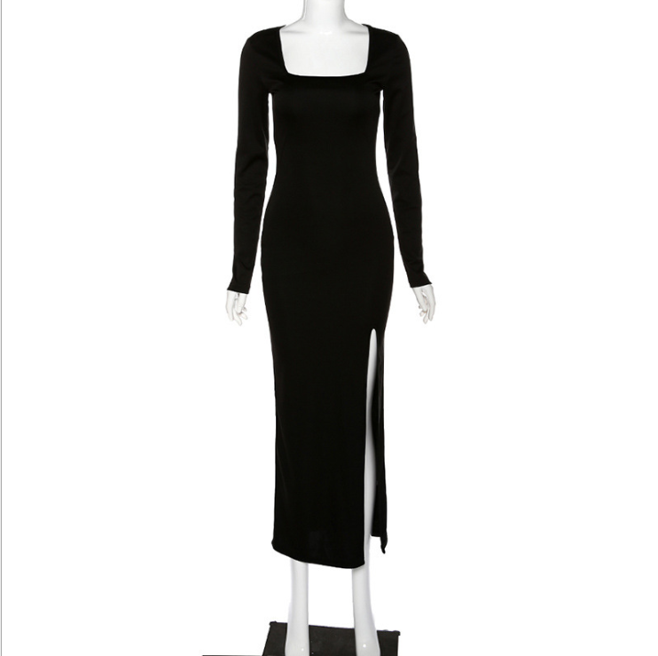 Women's Slim Fit Dress — Square Neck, Side Slit, Ankle-Length
