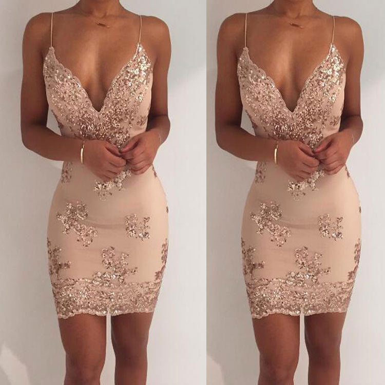 Women's Sequin Club Dress — Deep V-Neck, Backless, A-Line