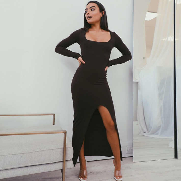 Women's Slim Fit Dress — Square Neck, Side Slit, Ankle-Length