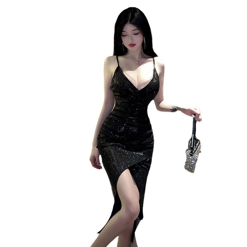 Women's Nightclub Dress — Low V-Neck, High Slit, Spaghetti Straps