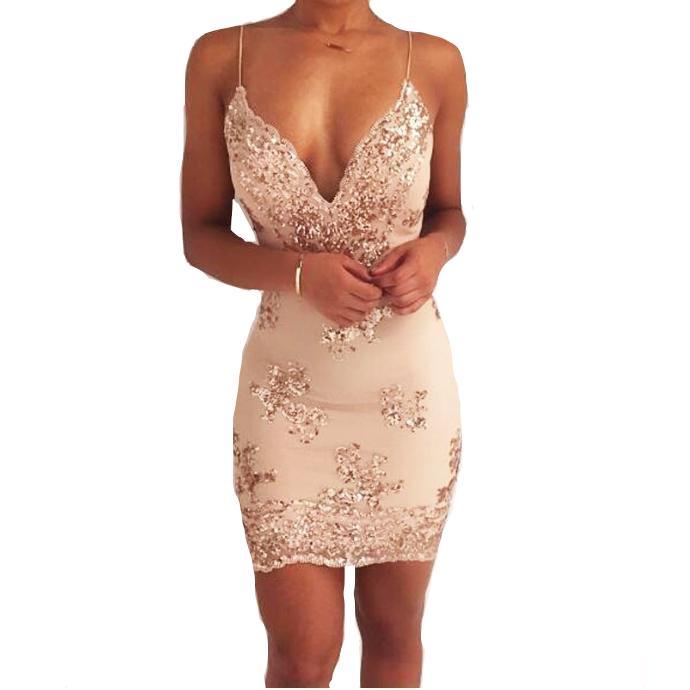 Women's Sequin Club Dress — Deep V-Neck, Backless, A-Line