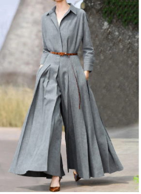 Women's Long Sleeve Pleated Jumpsuit — Cropped Pants, One Piece